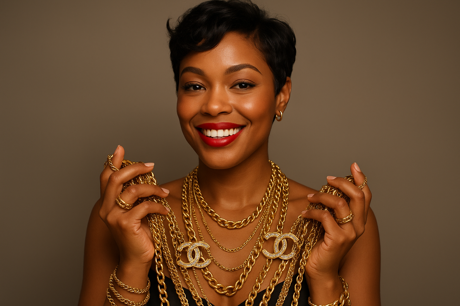 A beautiful light skin black woman with short wavy hair styled in a pixie cut red vibrant red lipstick smiling holding a lot of gold jewelry and Chanel brooches. 