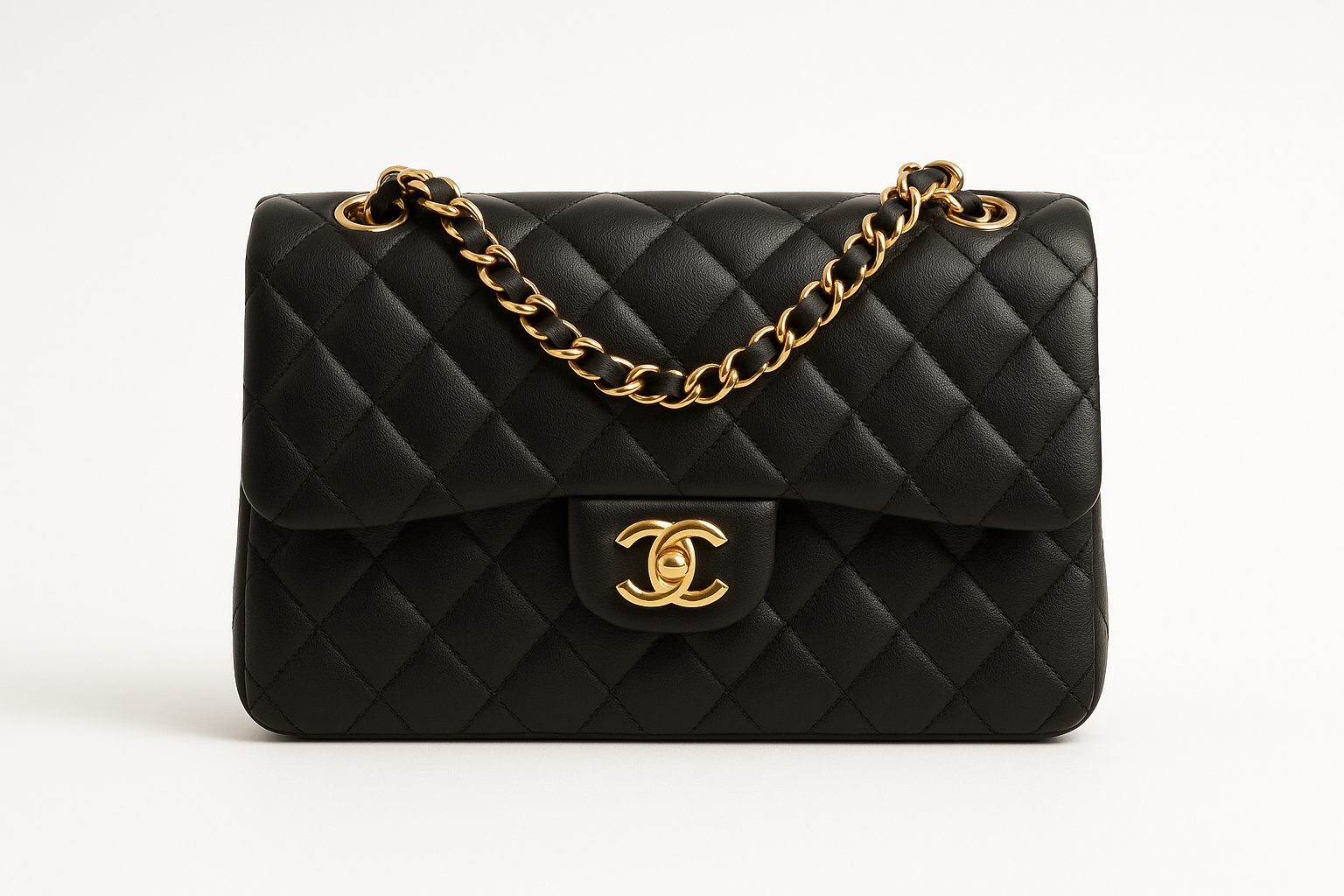 A black Chanel bag with gold on a white background