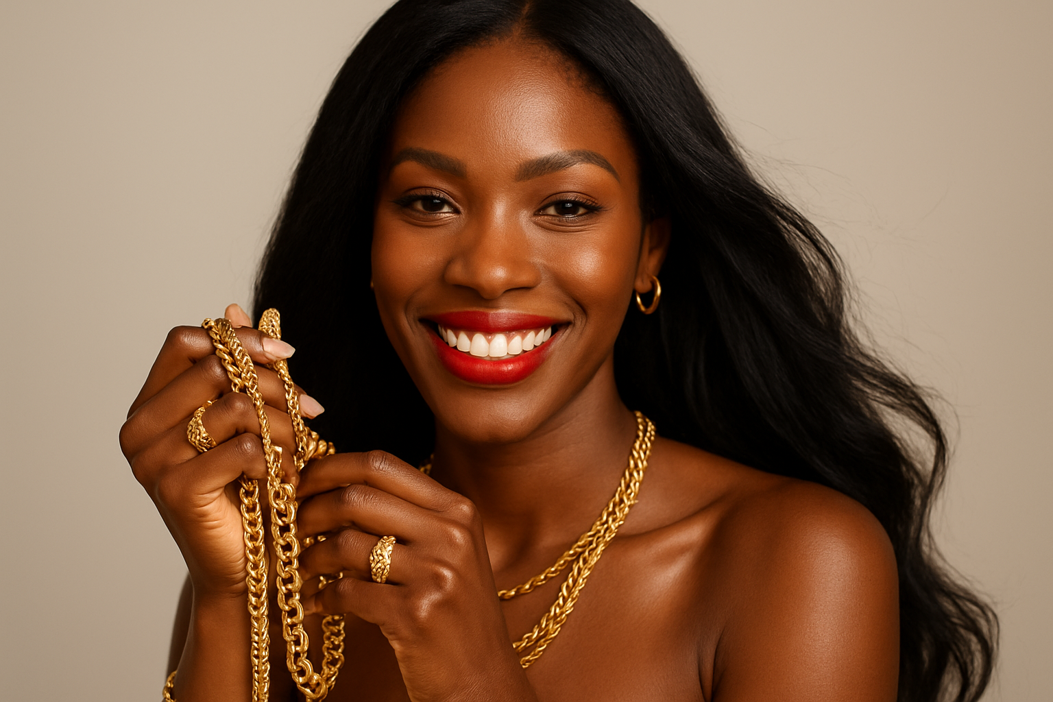 A black woman with beautiful long black hair smiling with bright red vibrant lipstick holding a lot of designer gold jewelry smiling with pretty white teeth 